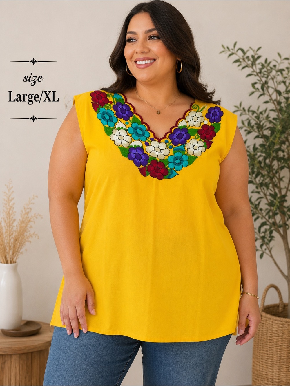 MEXICANA Yellow Embroidered Floral V-Neck Tank